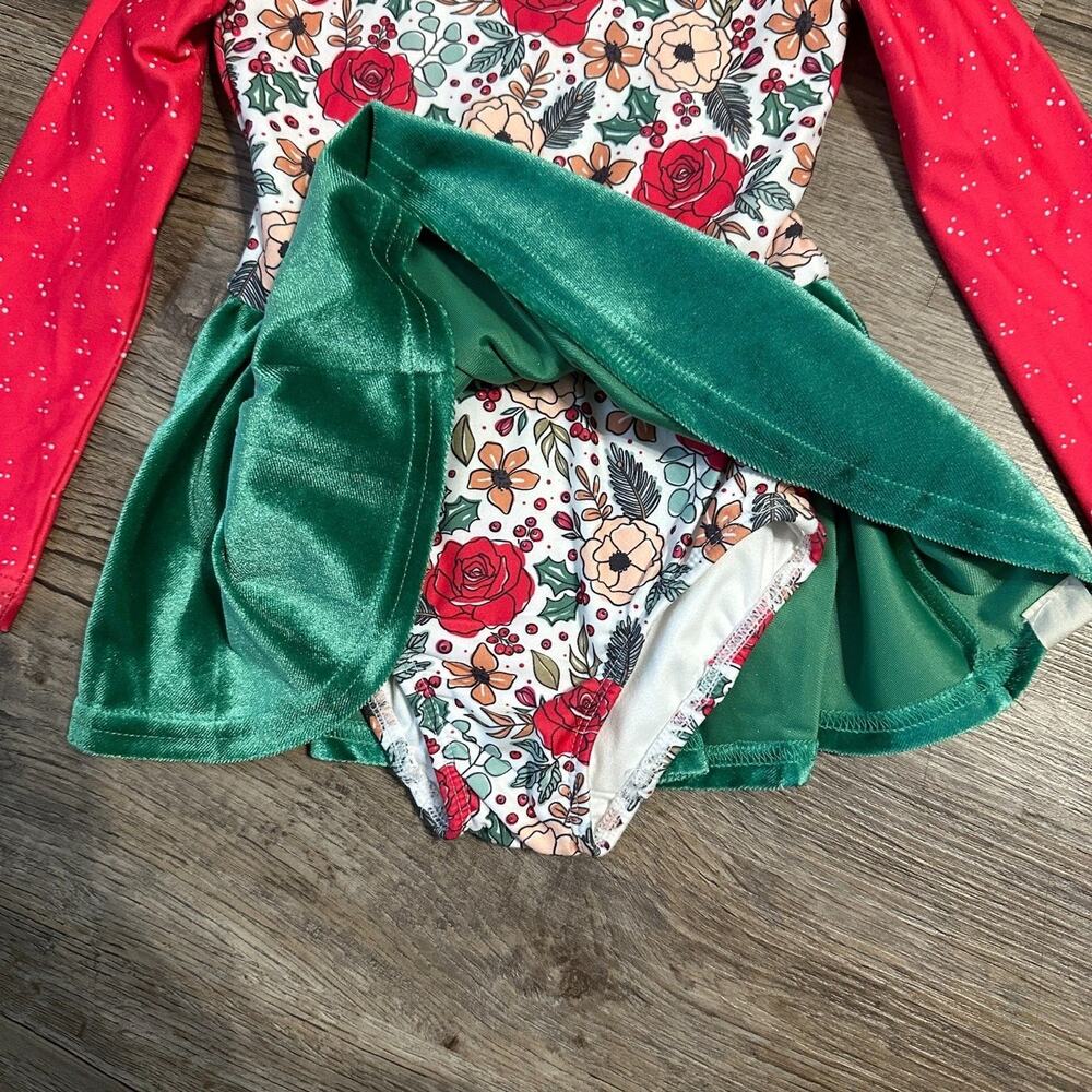Cheeky Plum Girls 12-18 Months Leotard Long Sleeve Velvet Christmas Red Green - Picture 2 of 4
